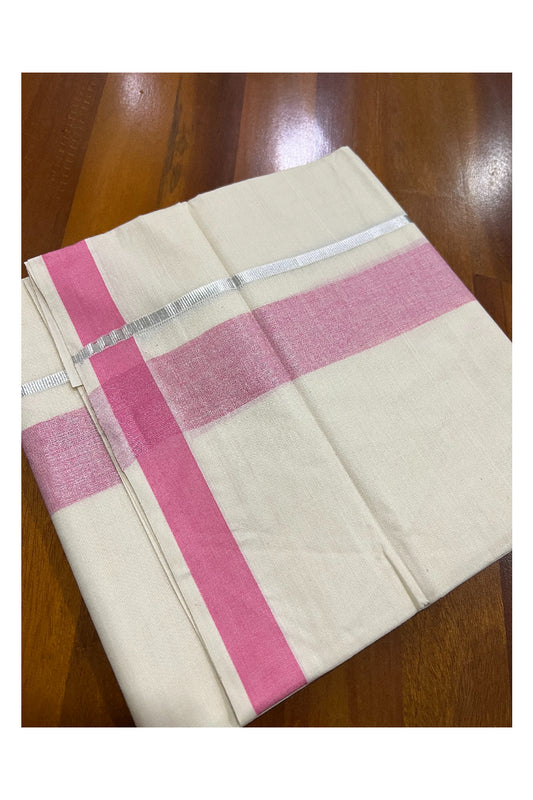 Pure Cotton Off White Double Mundu with Pink and Silver Kasavu Border (South Indian Dhoti)