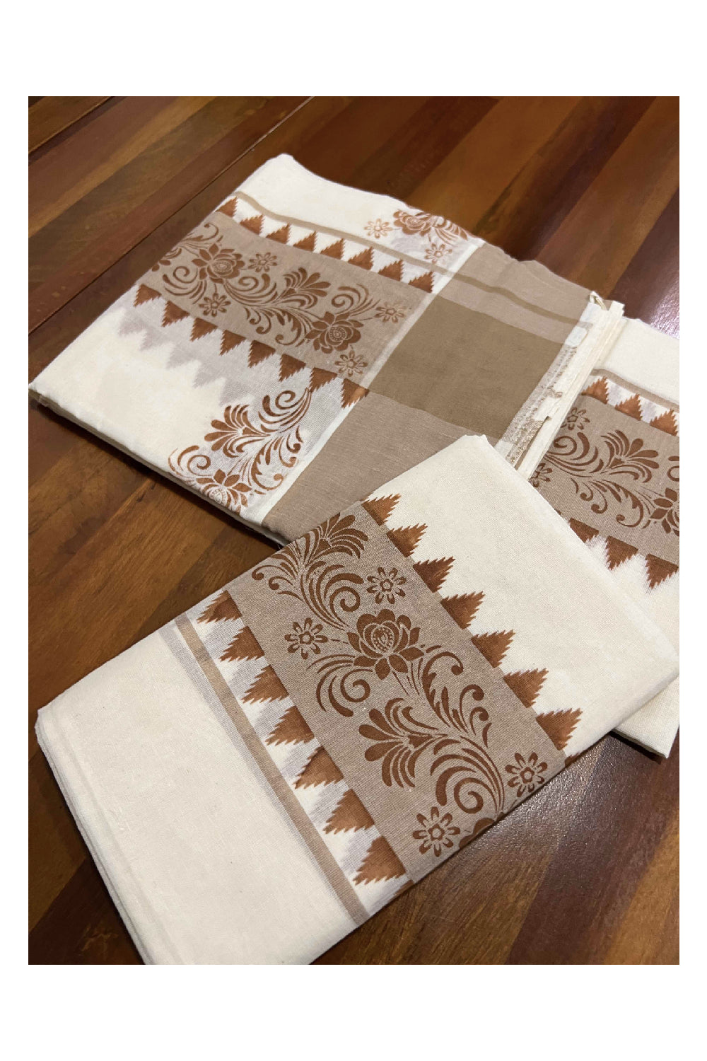 Kerala Cotton Set Mundu (Mundum Neriyathum) with Brown Floral Block Printed Temple Border