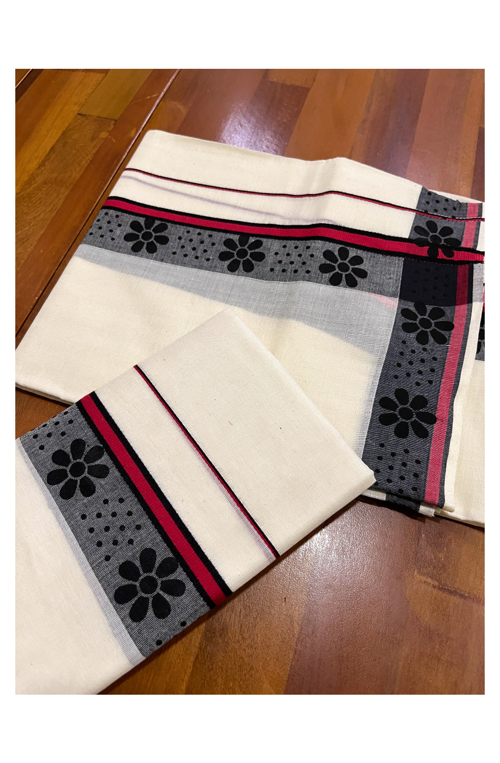 Kerala Cotton Set Mundu (Mundum Neriyathum) with Black Block Prints on Black Red Border 2.80 Mtrs