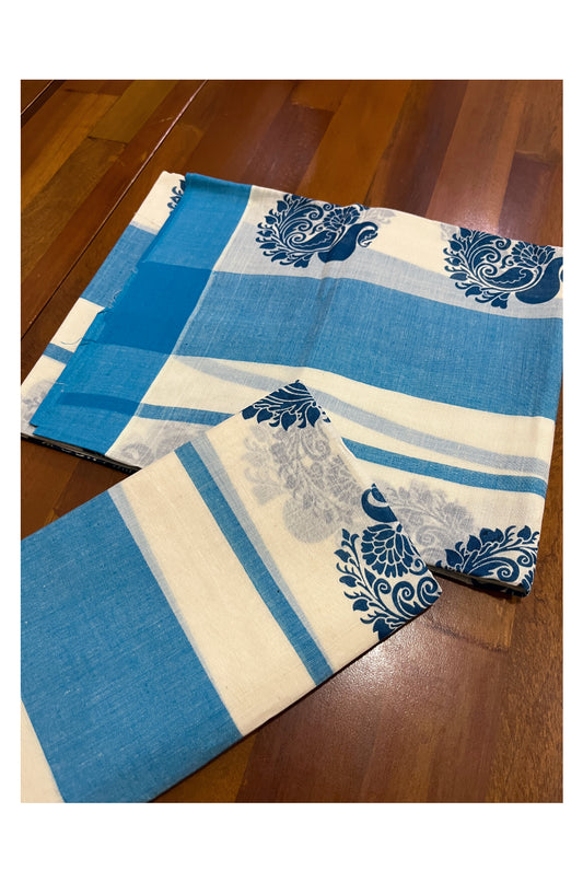 Pure Cotton Single Set Mundu (Mundum Neriyathum Onam 2023) with Blue Block Prints and Border