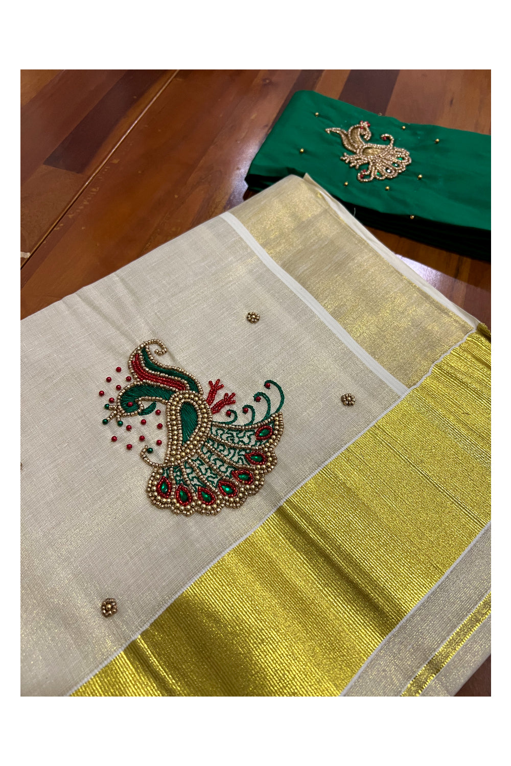 Kerala Tissue Kasavu Saree with Peacock Themed Bead Work Design and Green Blouse Piece