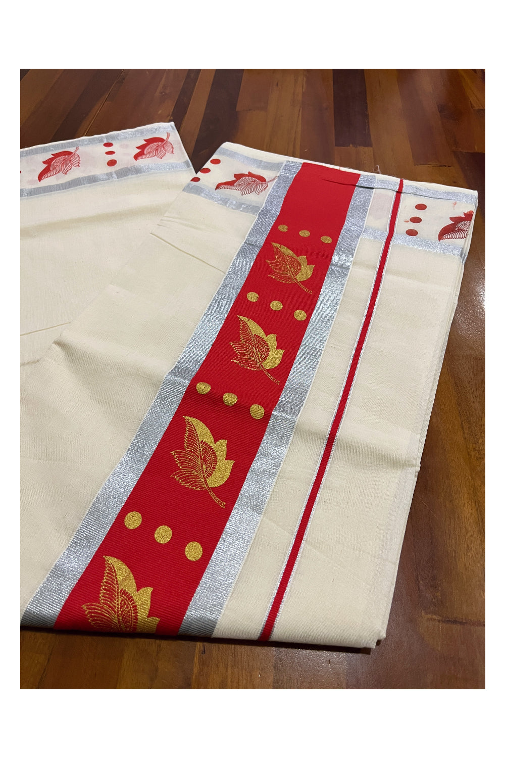 Pure Cotton Kerala Saree with Golden Leaf Block Prints on Silver Kasavu and Peach Pallu