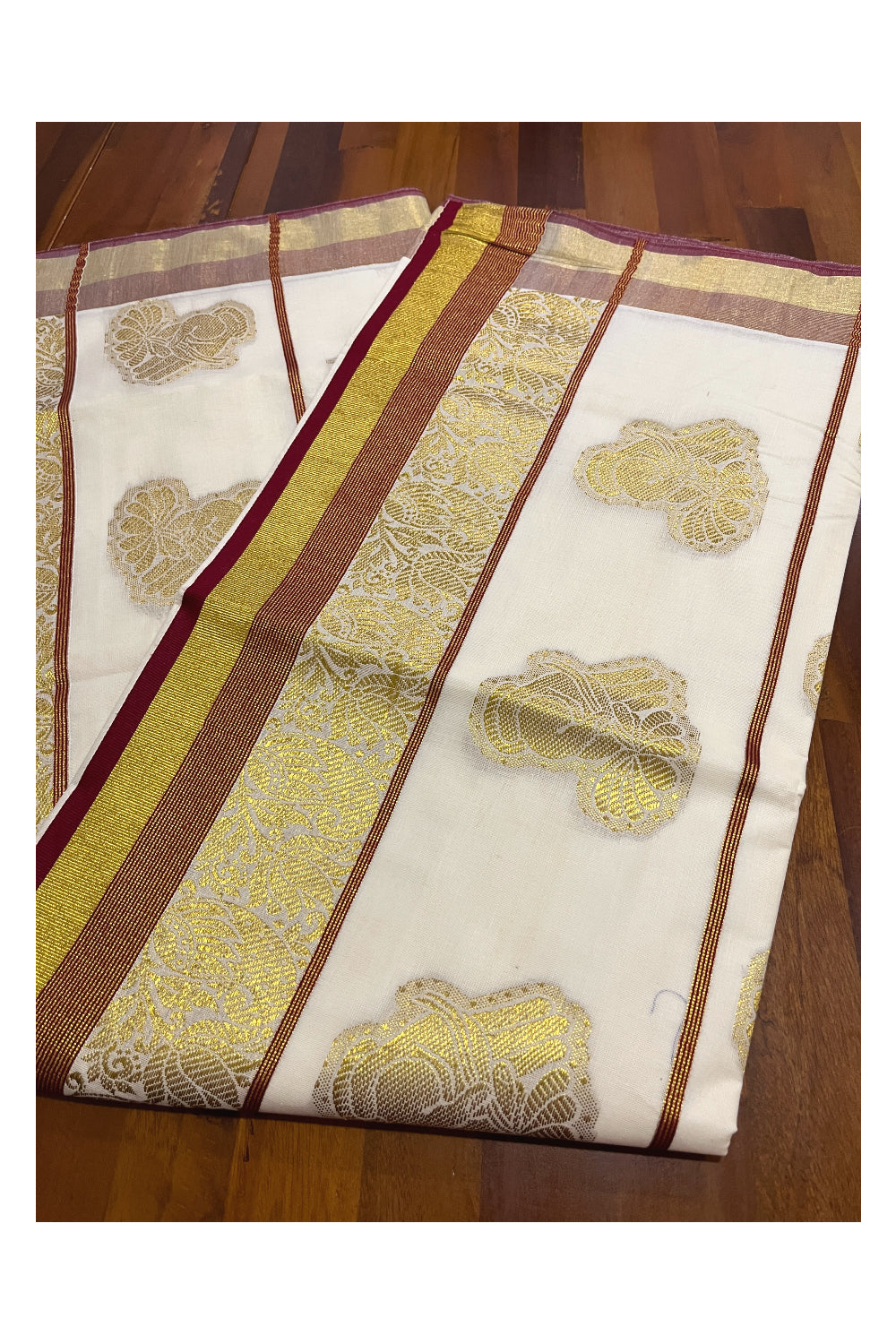 Kerala Cotton Kasavu Saree with Golden Heavy Woven Works and Maroon Border (Vishu Saree 2023)