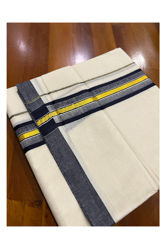 Pure Cotton Off White Double Mundu with Navy Blue and Kasavu Border (South Indian Dhoti)