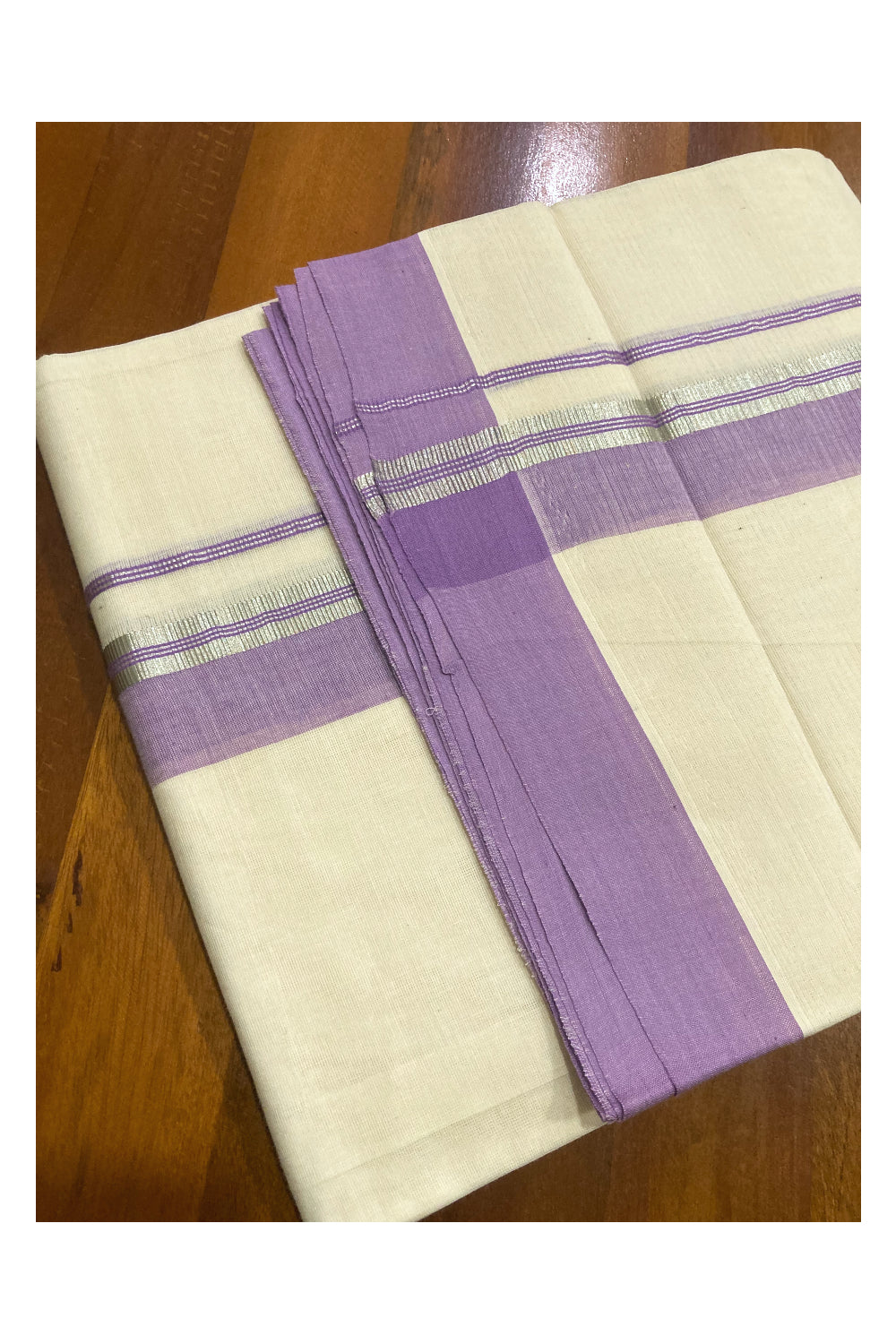 Pure Cotton Double Mundu with Violet and Silver Kasavu Border (South Indian Dhoti)