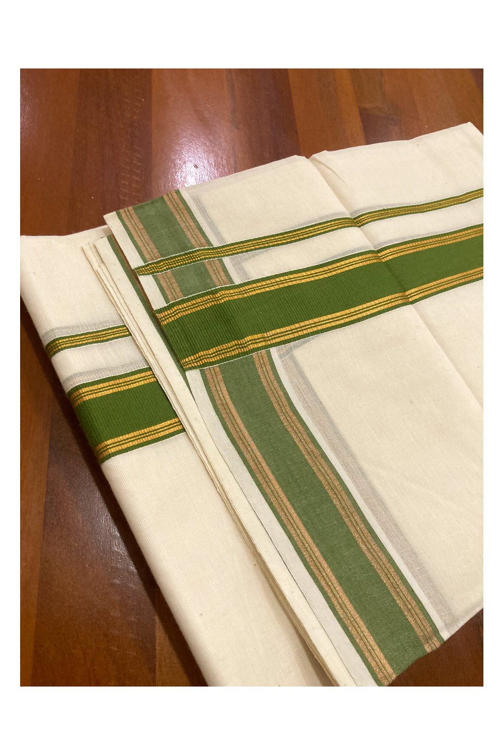 Off White Kerala Double Mundu with Kasavu and Green Border (South Indian Dhoti)