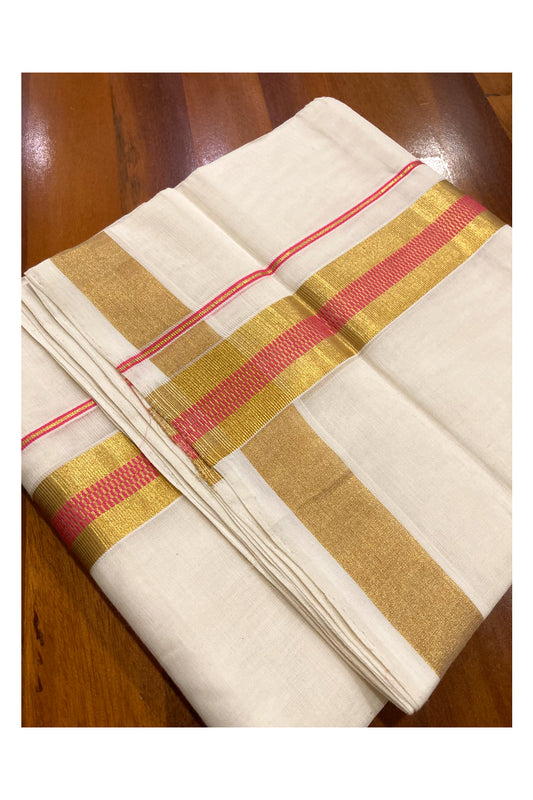 Southloom Premium Handloom Pure Cotton Mundu with Kasavu and Peach Border (South Indian Dhoti)