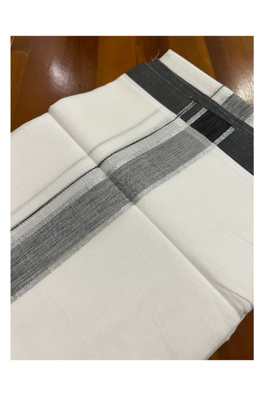 Pure White Kerala Cotton Double Mundu with Silver Kasavu and Black Border (South Indian Dhoti)