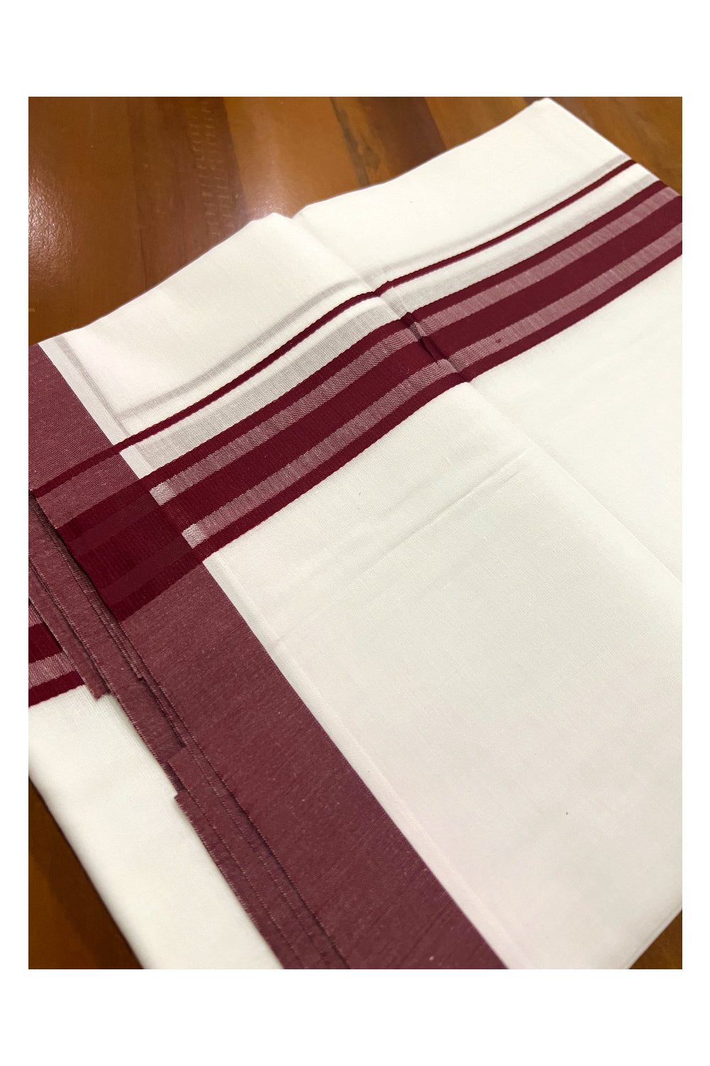 Pure White Cotton Double Mundu with Maroon Line Border (South Indian Dhoti)