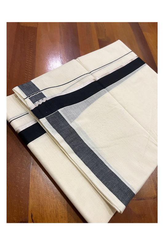 Pure Cotton Off White Double Mundu with Black and Silver Kasavu Kara (South Indian Dhoti)