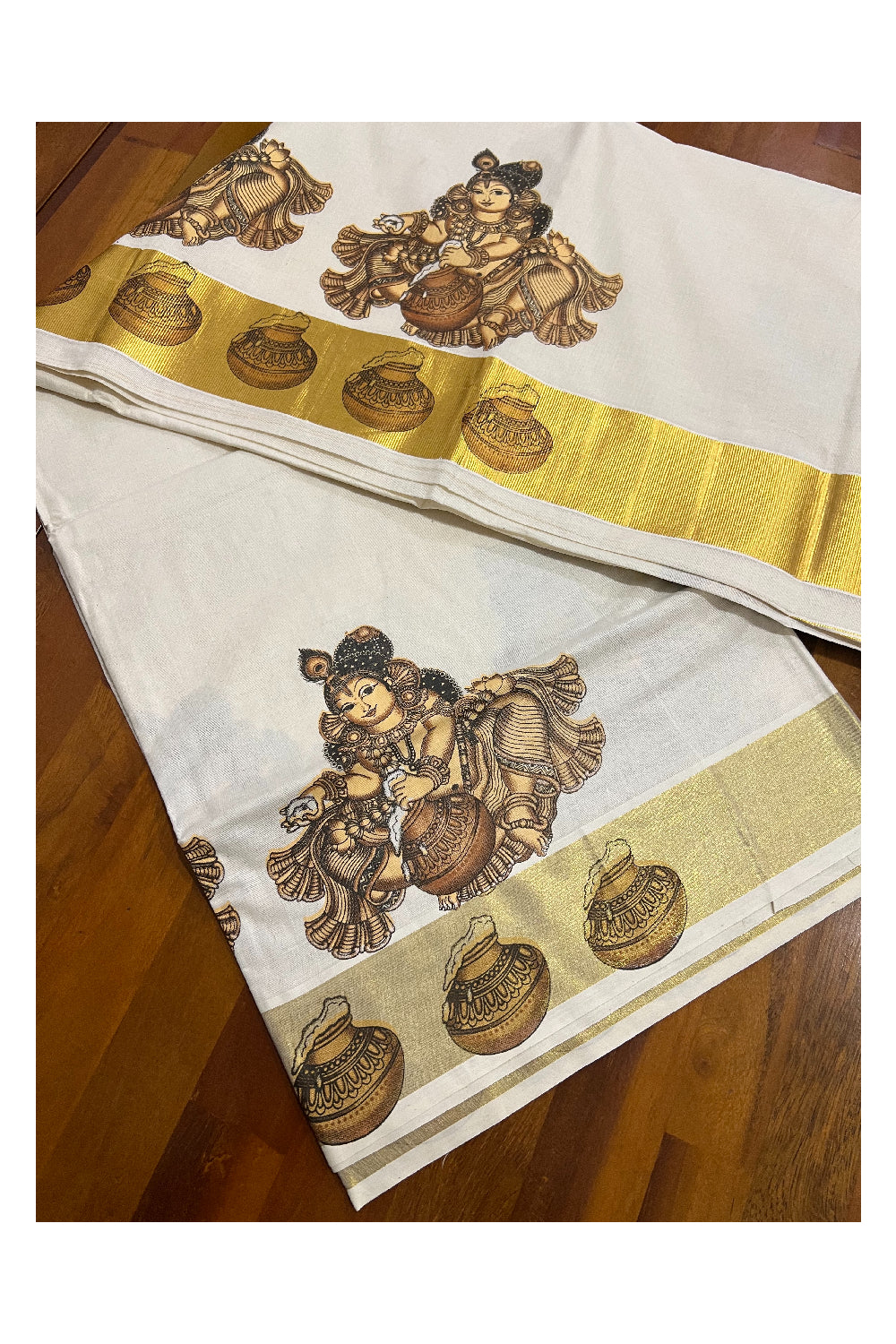 Pure Cotton Kerala Kasavu Saree with Mural Printed Brown Baby Krishna Design