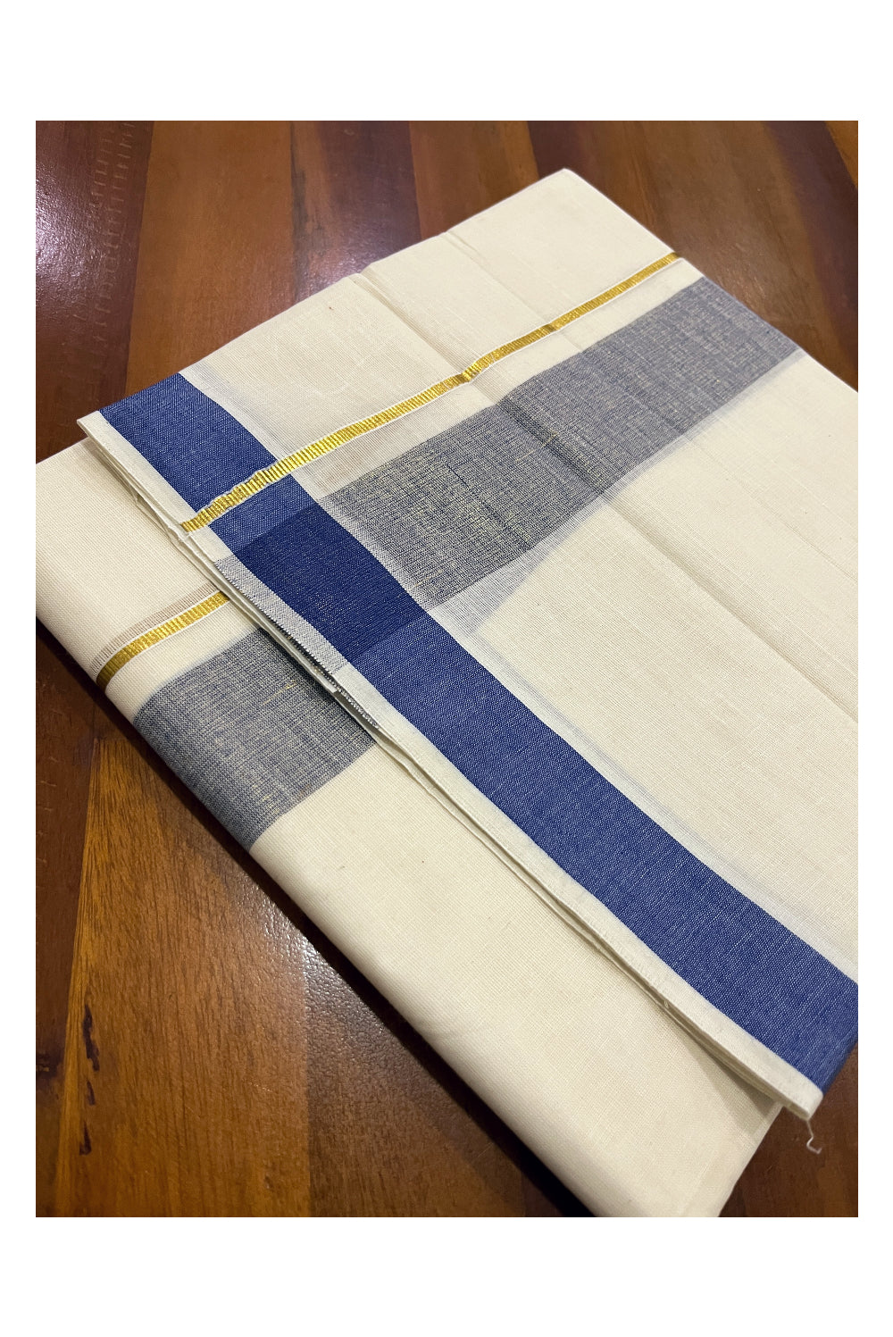 Pure Cotton Double Mundu with Kasavu Blue Kara (South Indian Dhoti)