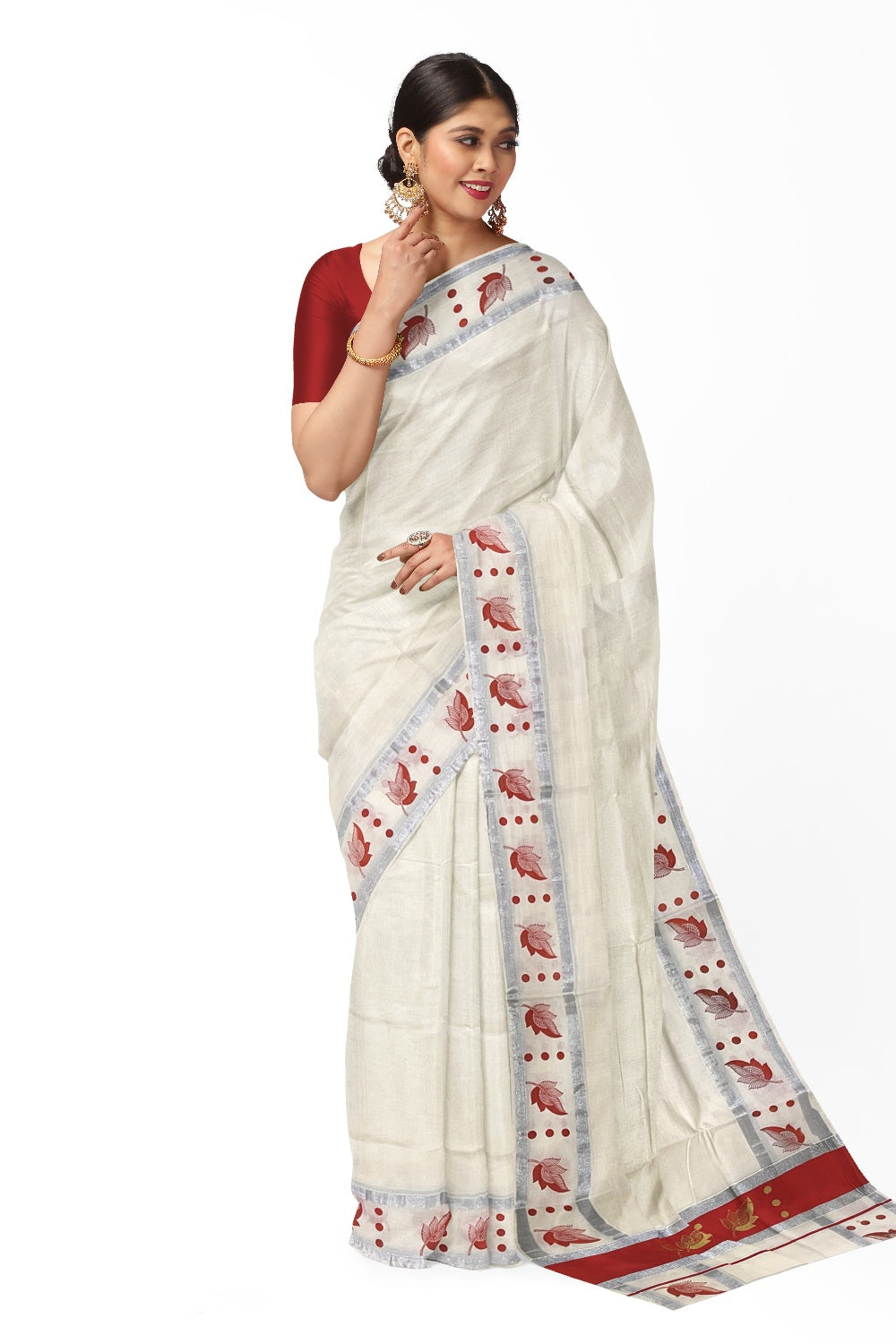 Pure Cotton Kerala Saree with Golden Leaf Block Prints on Silver Kasavu and Peach Pallu