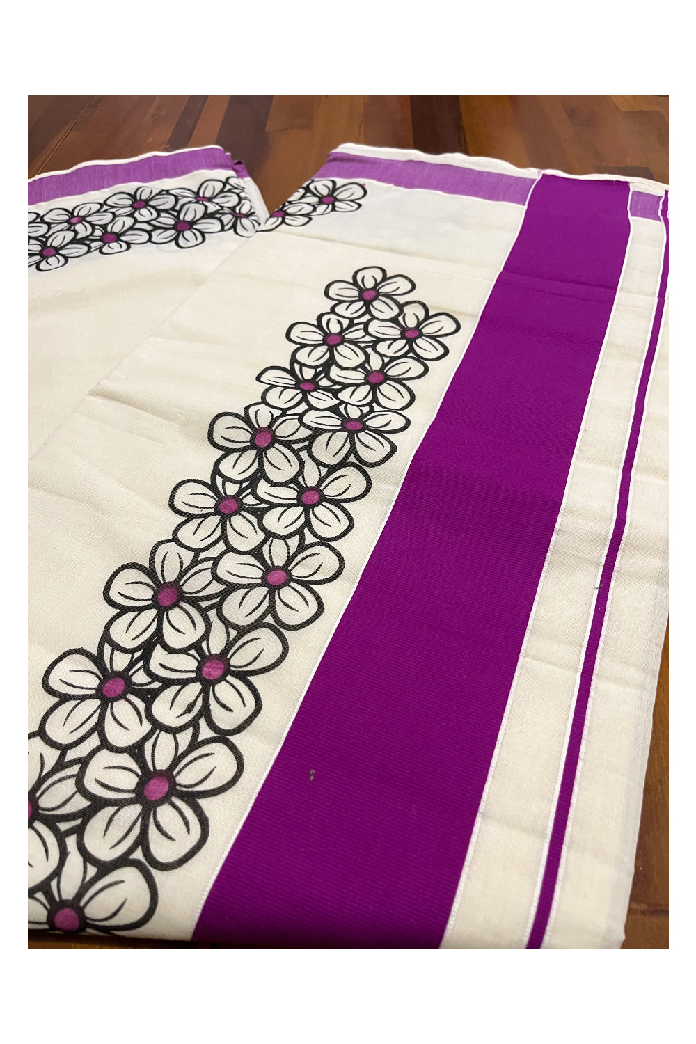Pure Cotton Kerala Saree with Black Floral Block Prints and Magenta Border