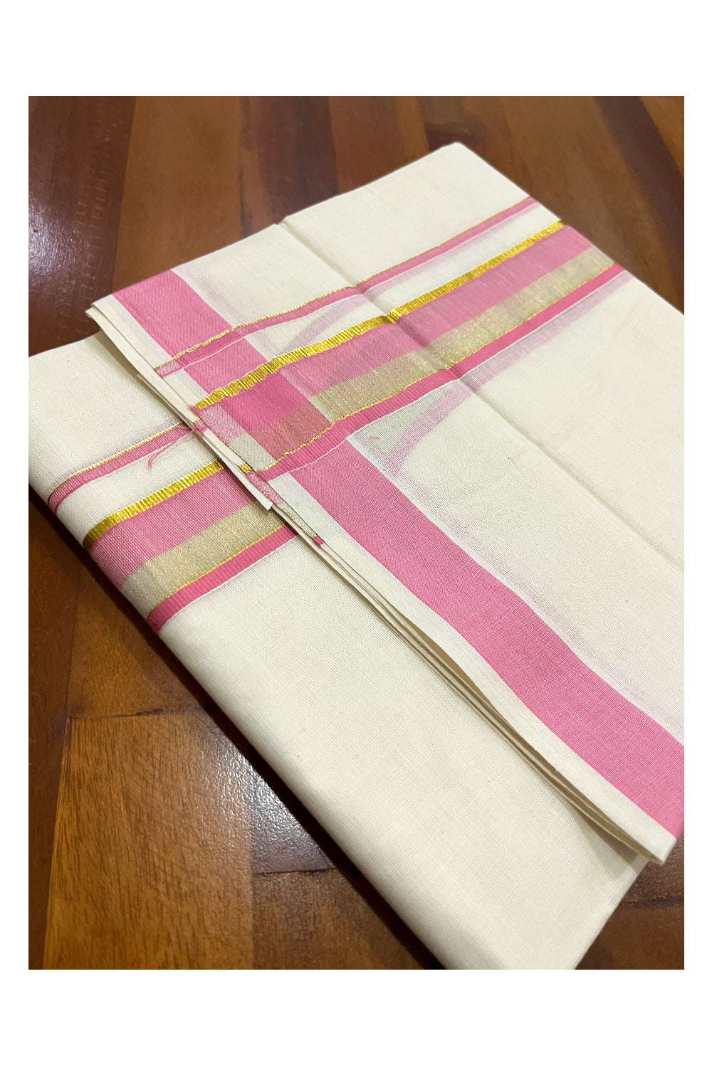 Pure Cotton Double Mundu with Kasavu Pink Kara (South Indian Kerala Dhoti)