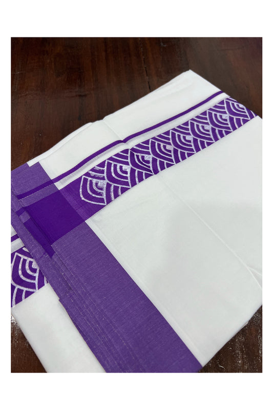 Pure White Cotton Double Mundu with Violet Block Printed Border (South Indian Dhoti)