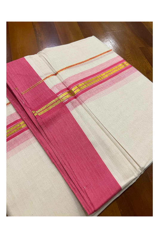 Off White Kerala Double Mundu with Kasavu and Pink Border (South Indian Dhoti)