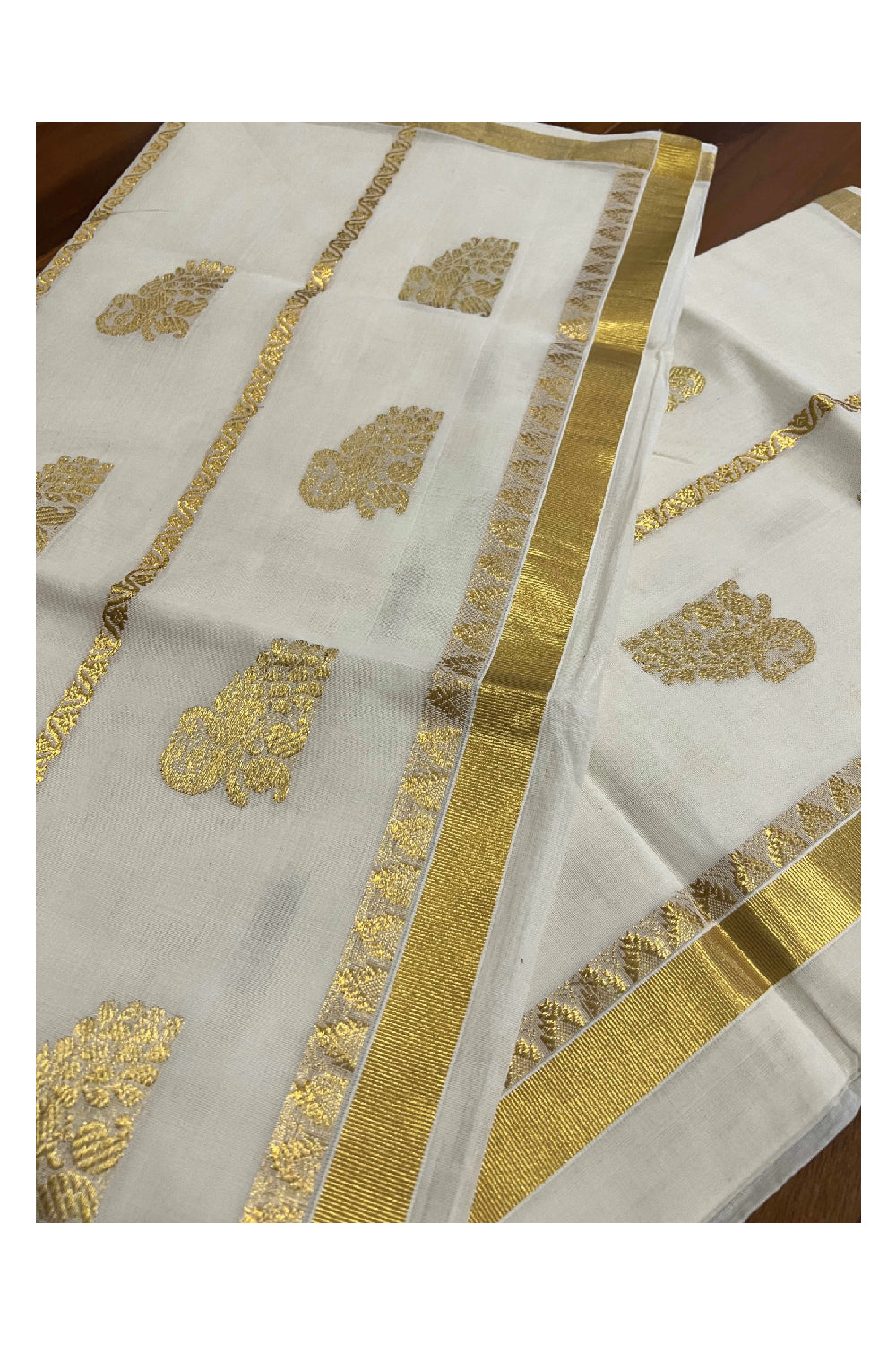 Southloom™ Original Handloom Cotton Kasavu Heavy Work Saree with Peacock Woven Design