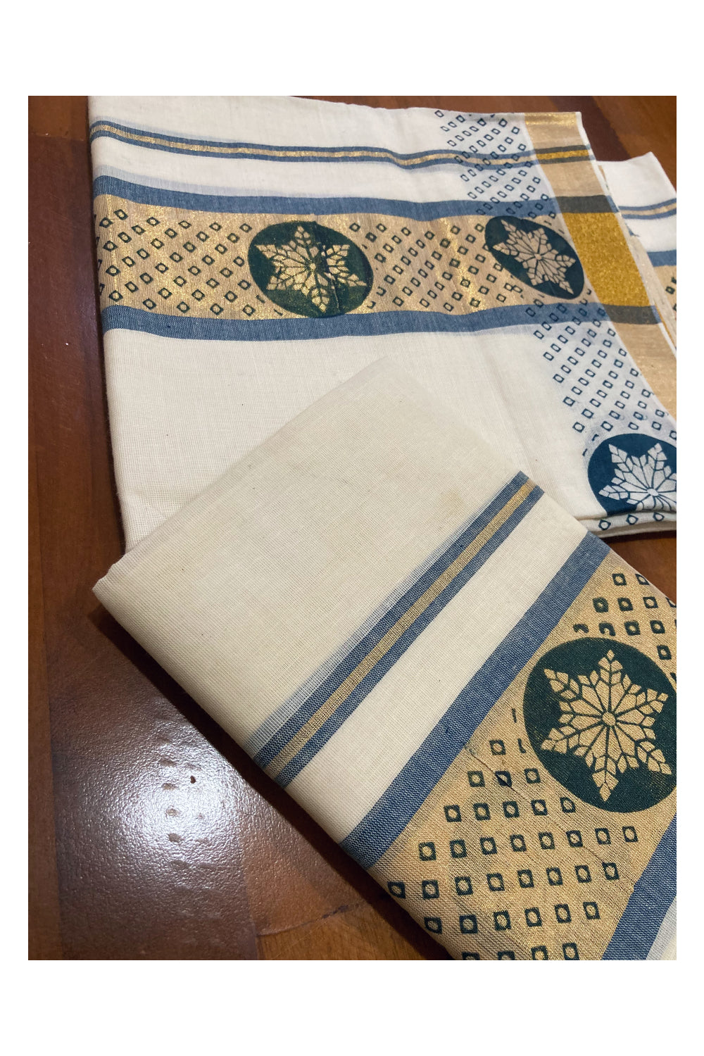 Kerala Cotton Kasavu Set Mundu (Mundum Neriyathum) with Block Prints on Border