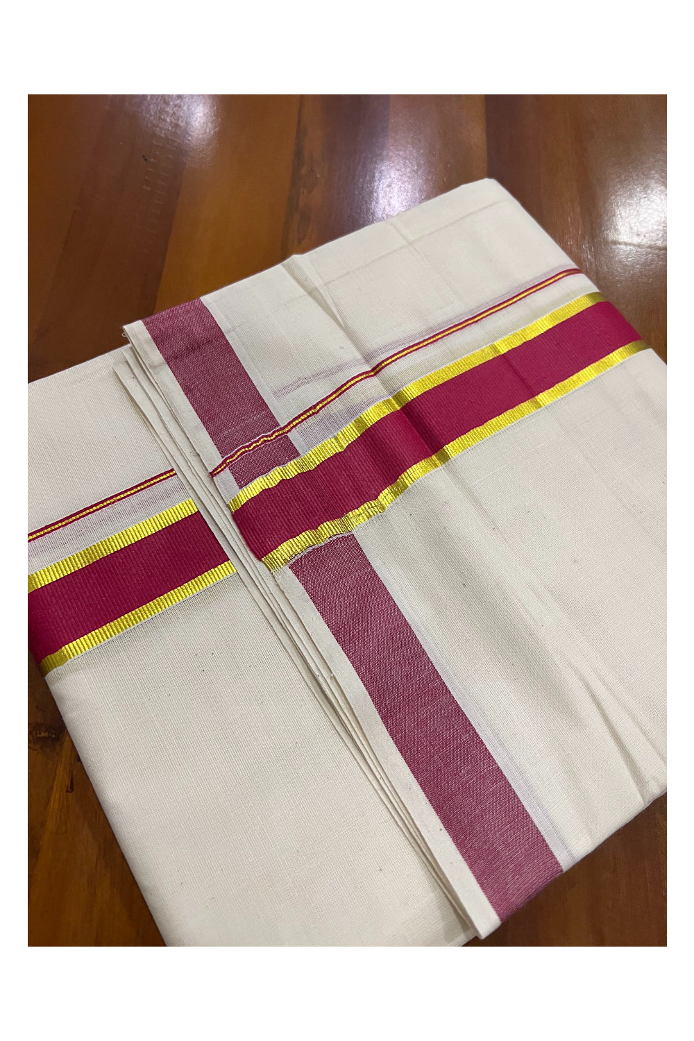 Off White Pure Cotton Double Mundu with Kasavu and Red Kara (South Indian Dhoti)