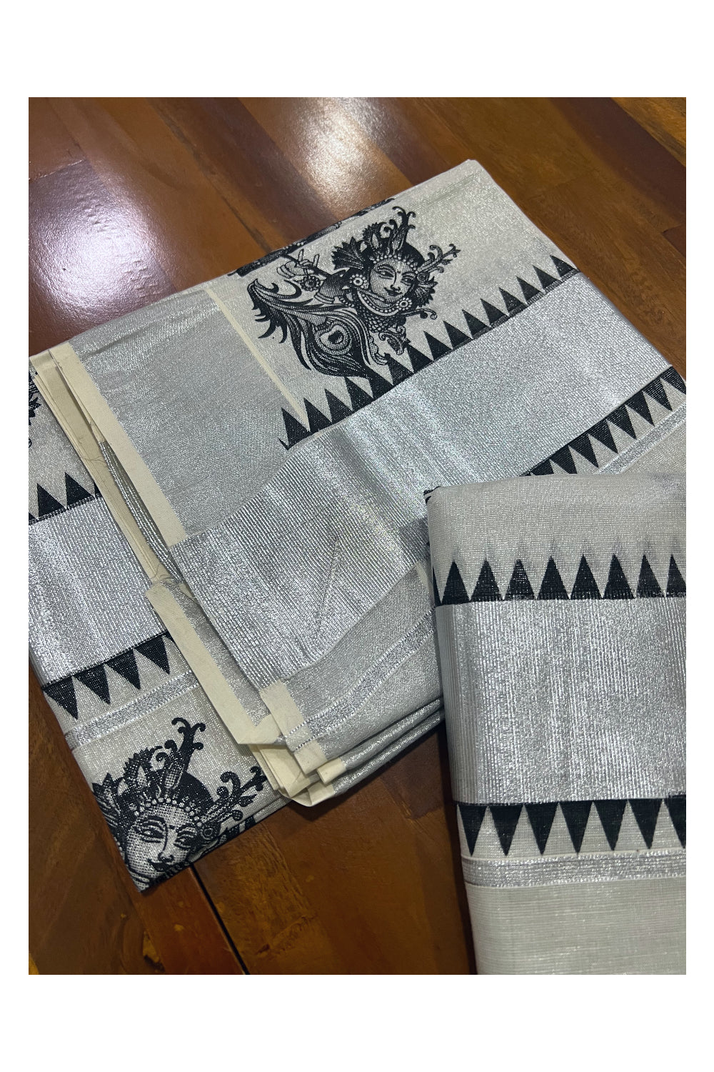 Kerala Silver Tissue Kasavu Set Mundu (Mundum Neriyathum) with Black Krishna Face and Temple Block Prints on Border
