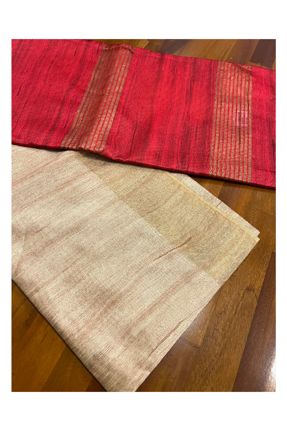 Southloom Beige Semi Tussar Designer Saree with Red Pallu