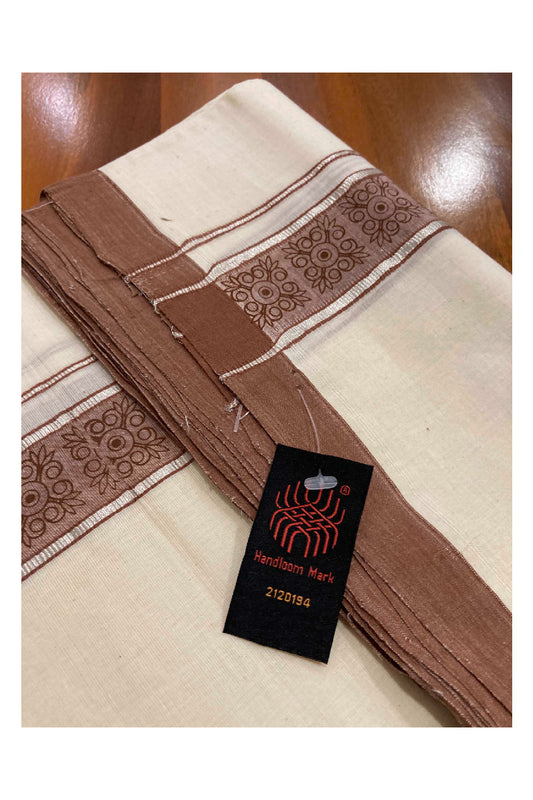 Southloom Balaramapuram Handloom Mundu with SIlver Kasavu and Brown Block Printed Border