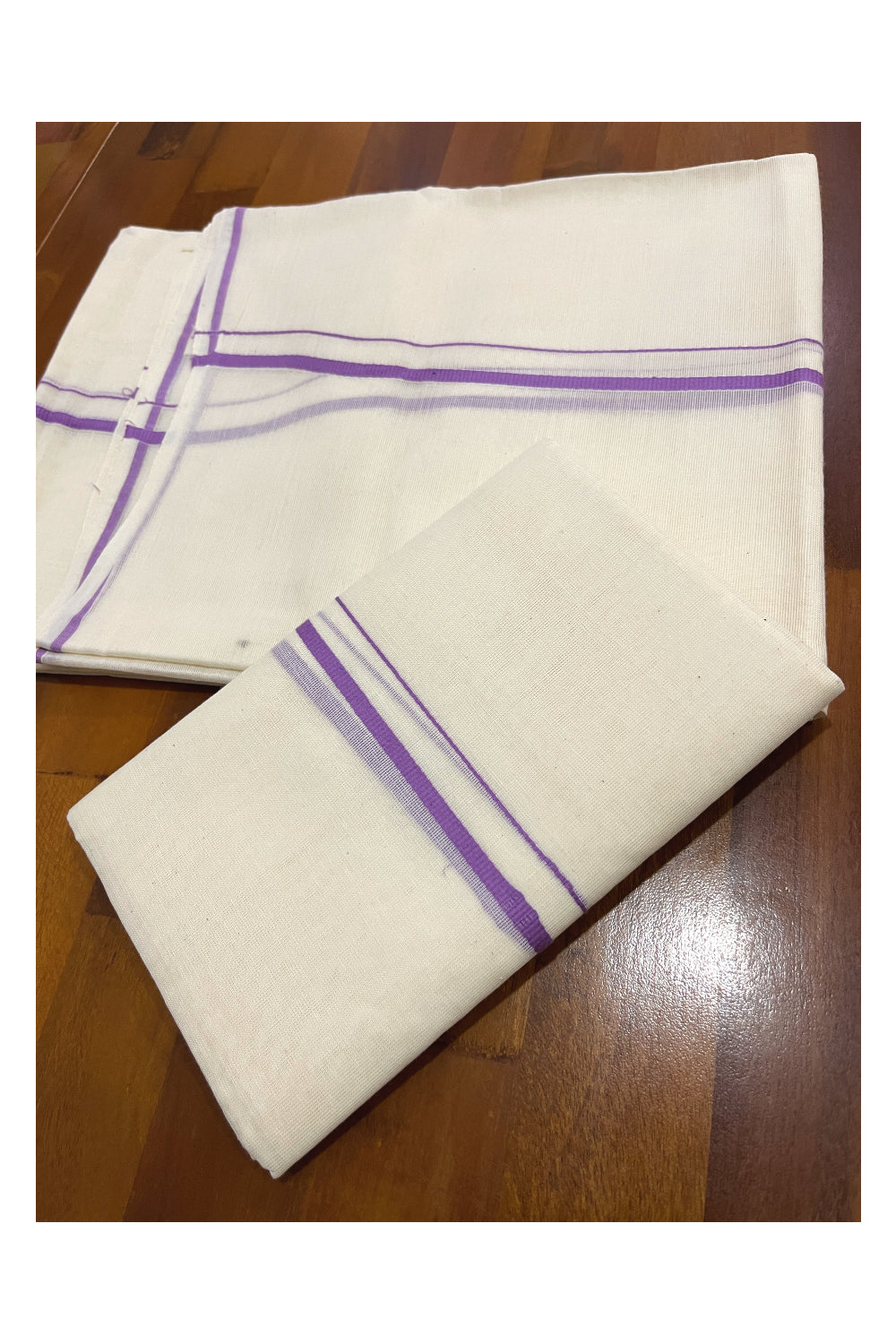 Kerala Cotton Mundum Neriyathum Single (Set Mundu) with Violet Line Border