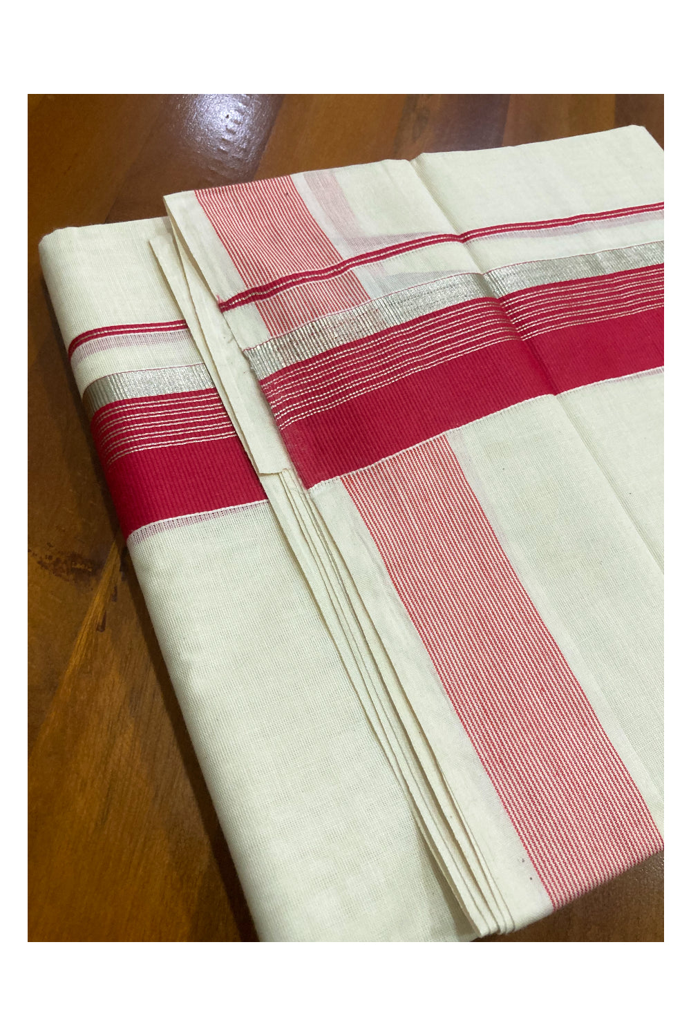 Off White Pure Cotton Double Mundu with Silver Kasavu and Red Border (South Indian Dhoti)