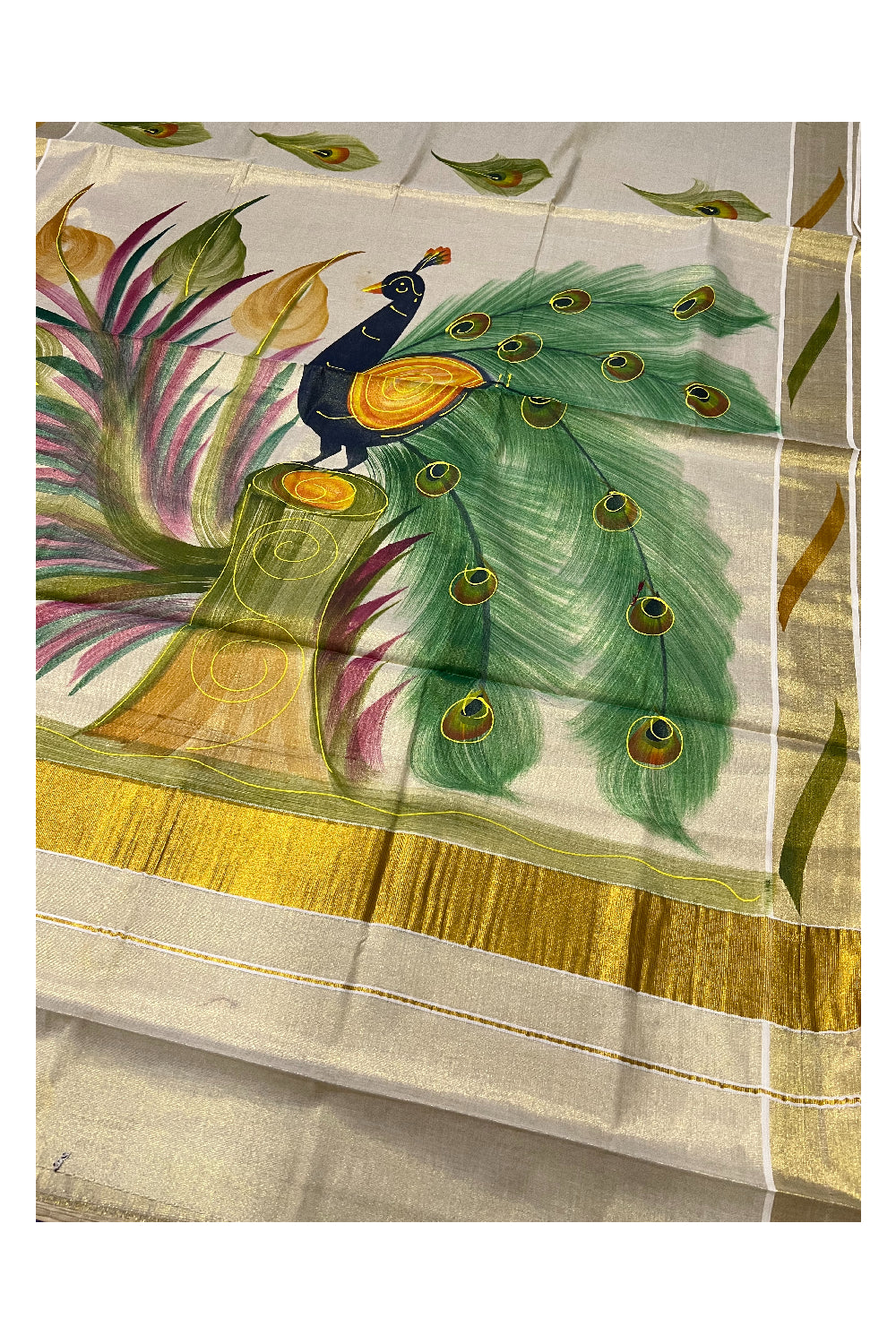 Kerala Tissue Kasavu Saree with Hand Painted Peacock Design