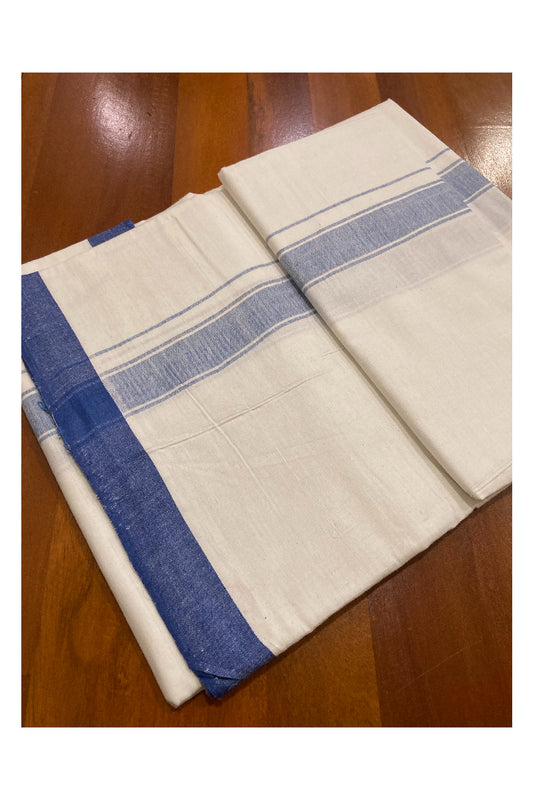 Southloom Premium Handloom Pure White Solid Single Mundu (Lungi) with Blue Border