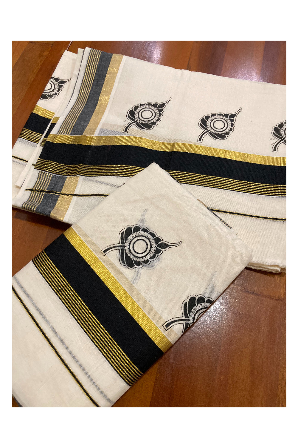 Pure Cotton Kasavu Set Mundu (Mundum Neriyathum) with Black Leaf Block Prints on Border