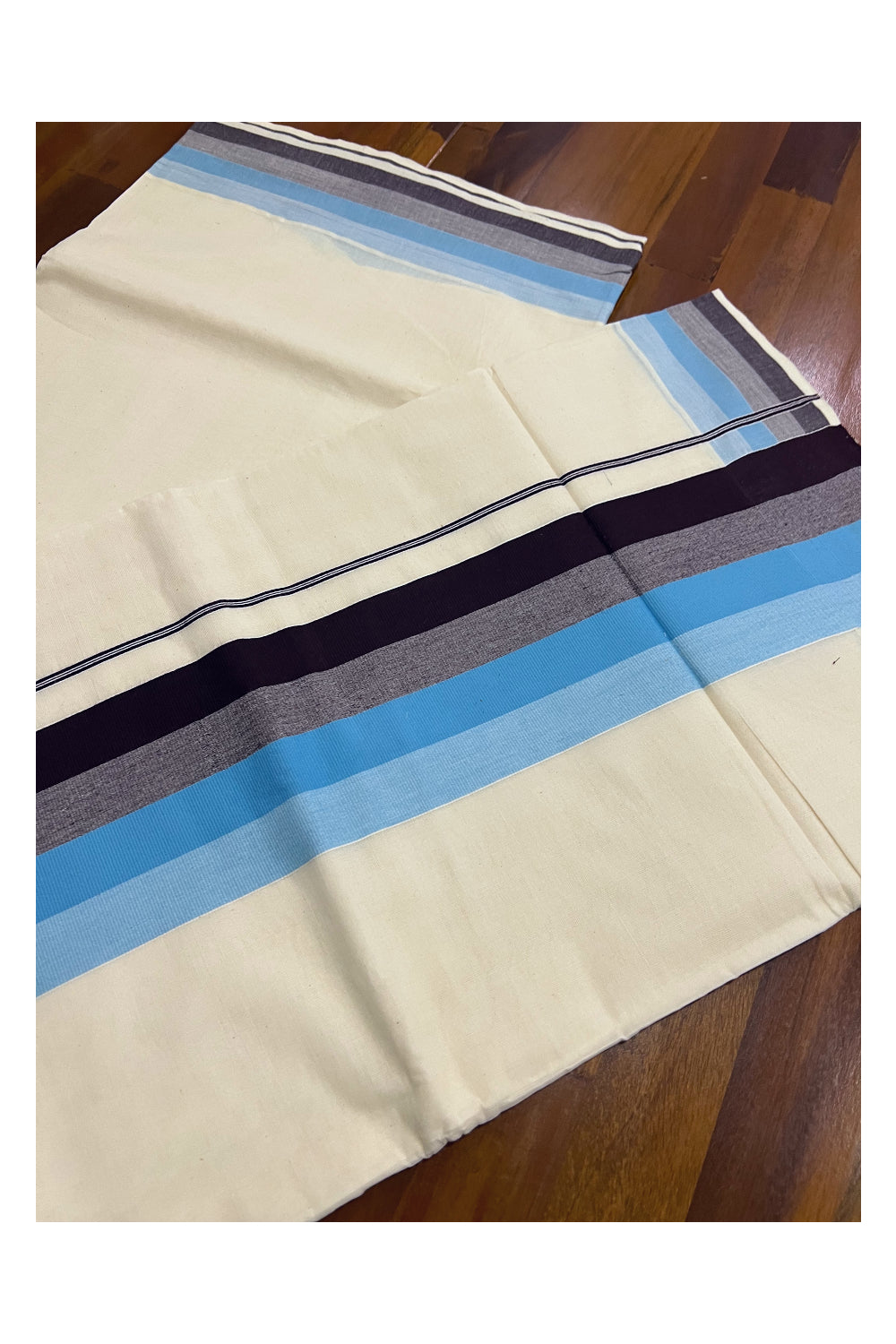 Kerala Cotton Saree with Dark Brown and Light Blue Lines Border Design