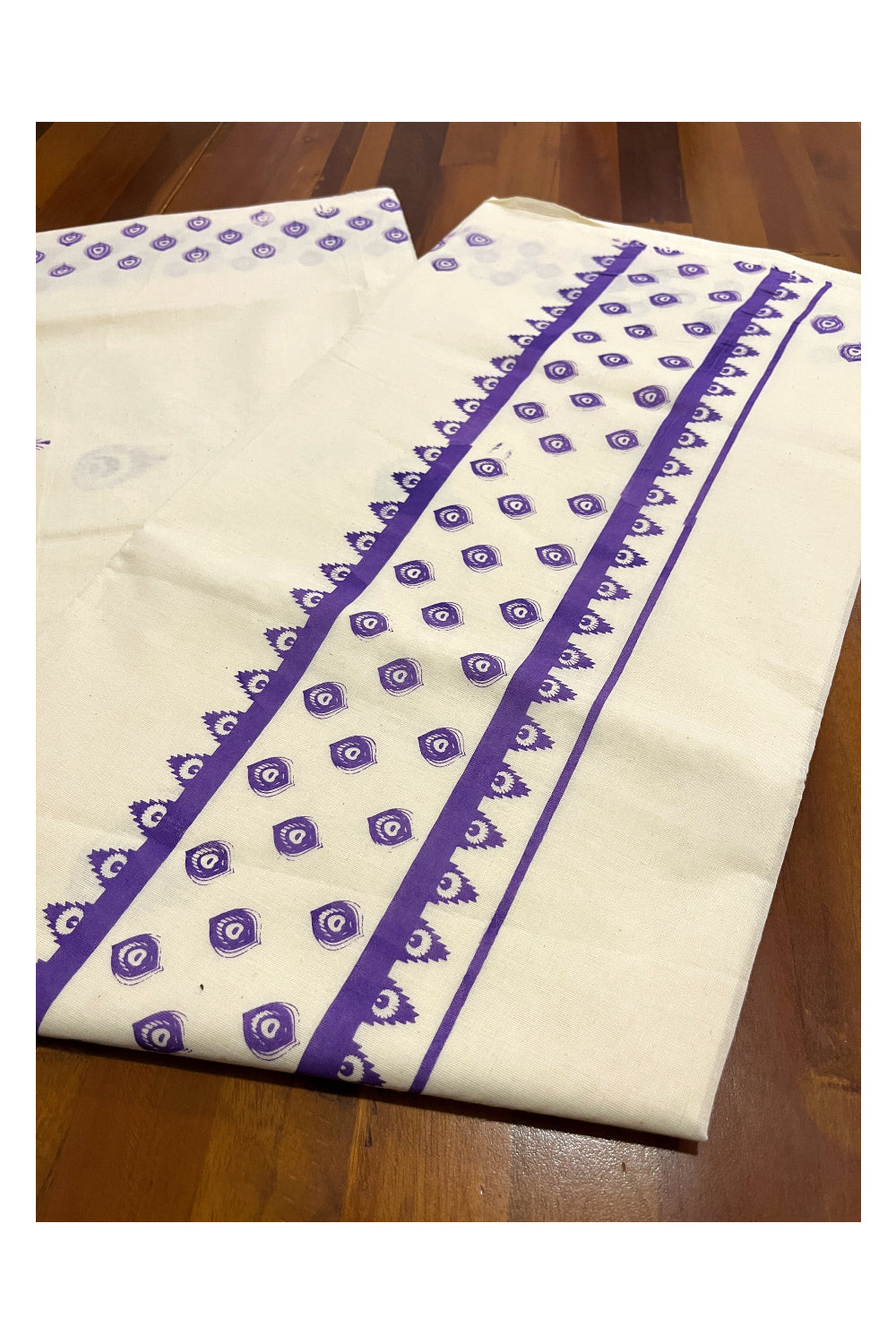 Pure Cotton Off White Kerala Saree with Violet Block Print Border (Onam 2024 Collection)