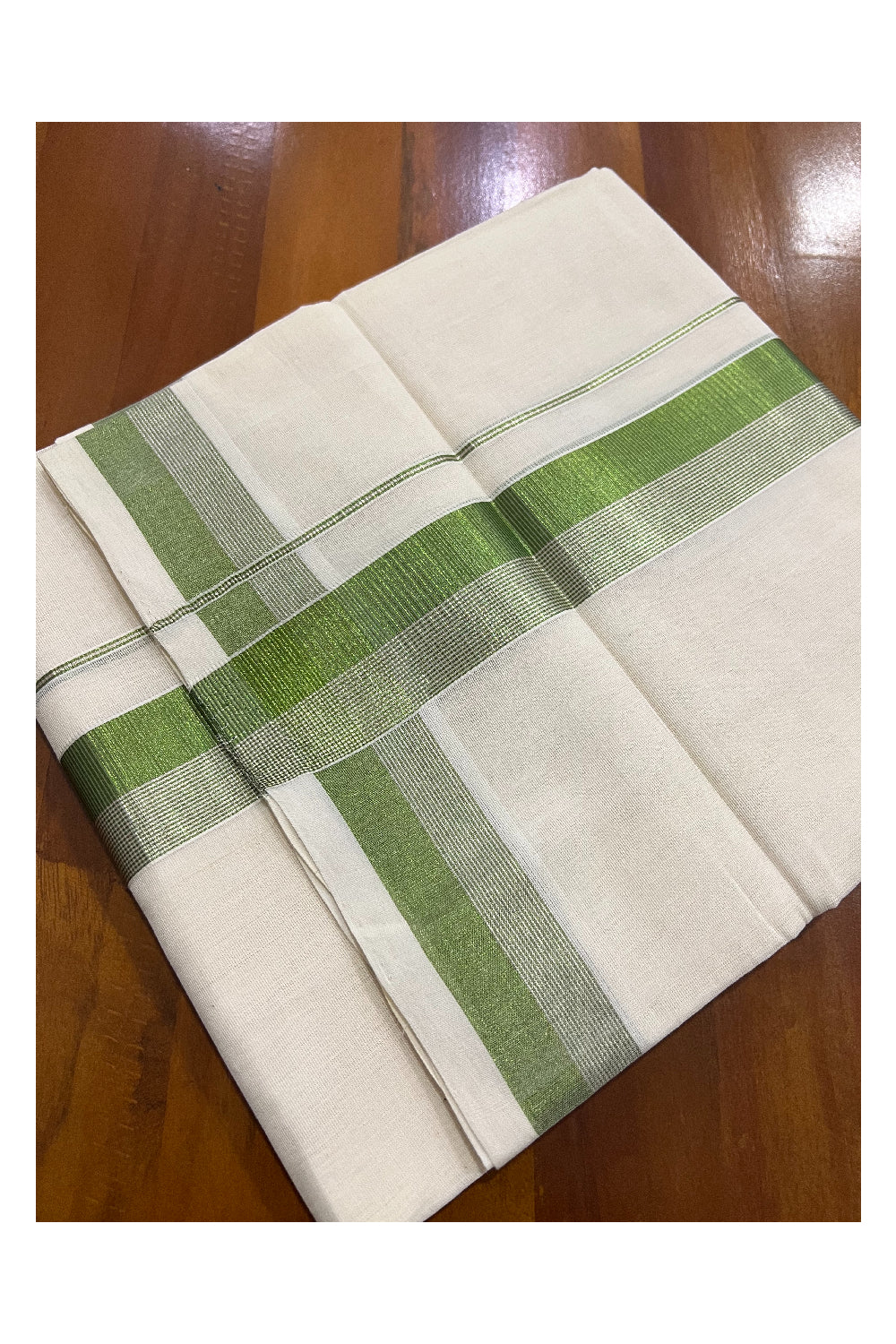 Southloom Balaramapuram Handloom Pure Cotton Mundu with Silver and Light Green Kasavu Border (South Indian Dhoti)