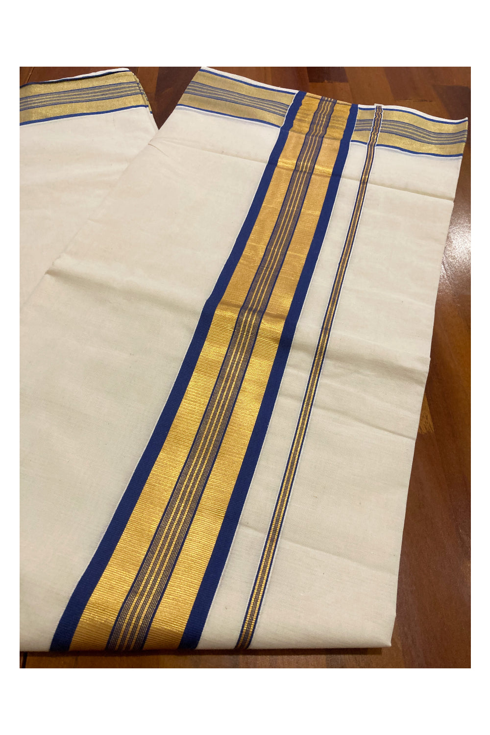 Kerala Pure Cotton Plain Saree with Kasavu and Blue Border