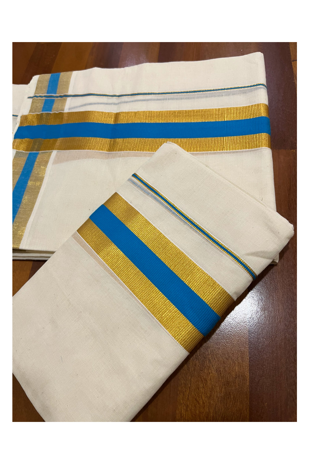 Kerala Cotton Mundum Neriyathum Single (Set Mundu) with Blue and Kasavu Border 2.80 Mtrs