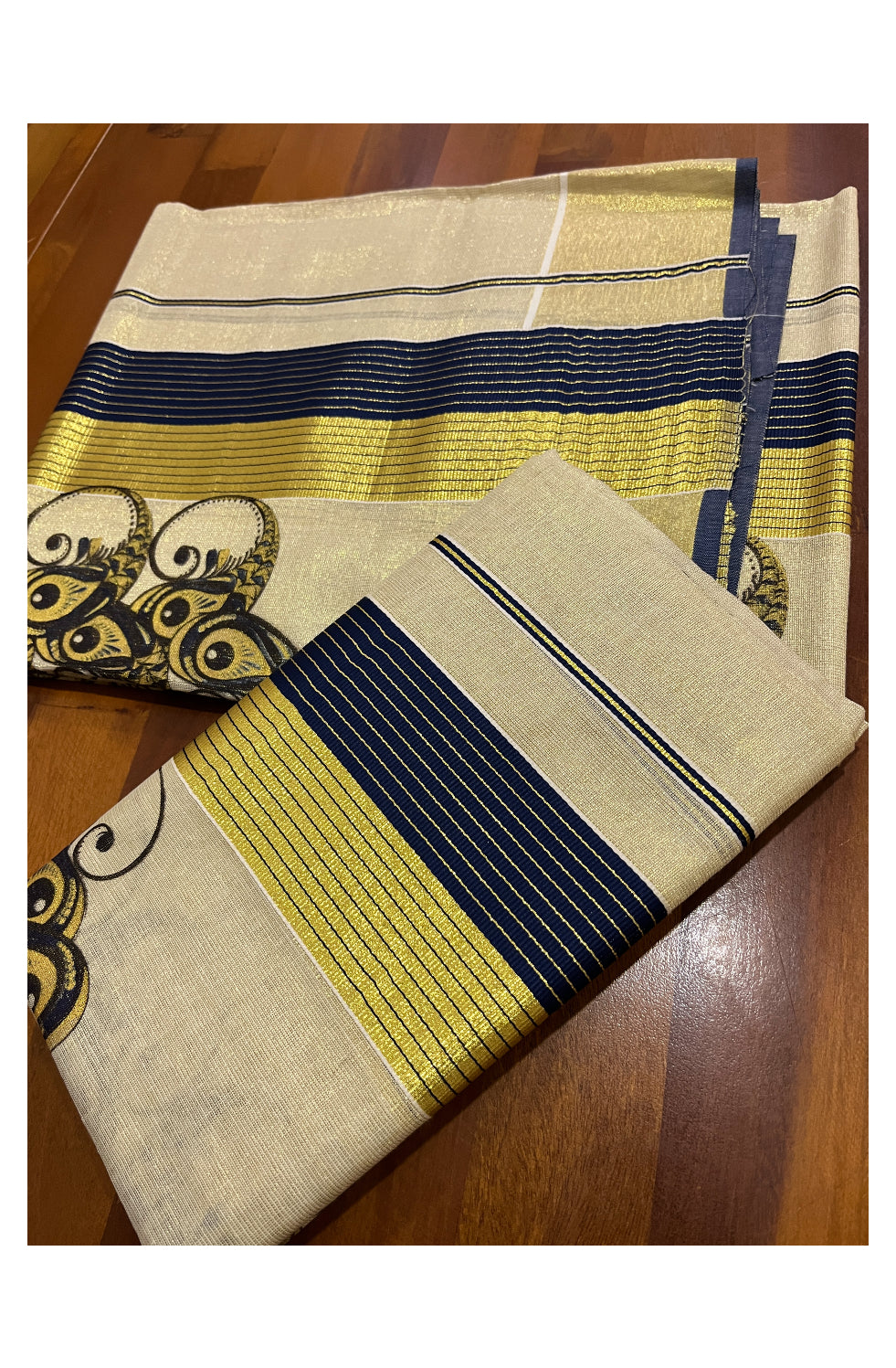 Kerala Tissue Set Mundu (Mundum Neriyathum) with Block Prints on Navy Blue and Kasavu Border 2.80 Mtrs