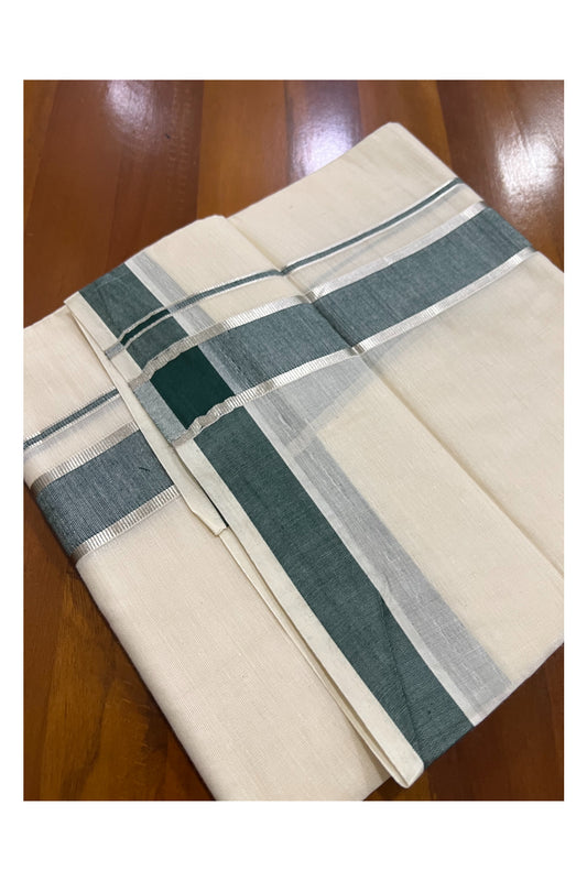 Off White Kerala Double Mundu with Silver Kasavu and Green Border (South Indian Dhoti)