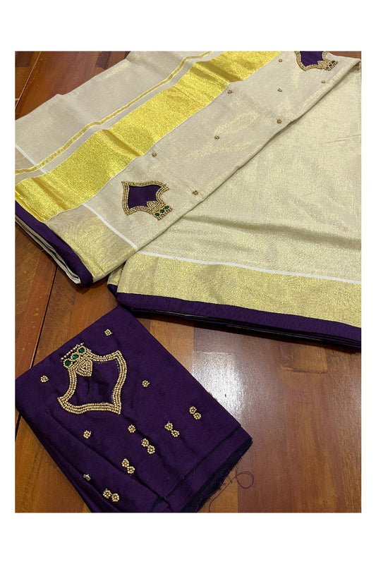 Kerala Tissue Kasavu Bead Work Designer Saree with Seperate Dark Violet Blouse Piece