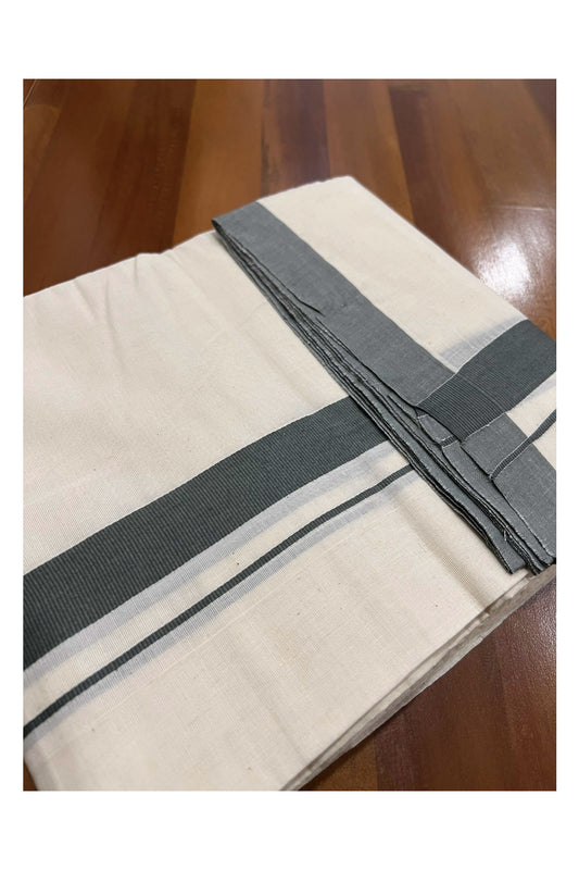 Off White Pure Cotton Double Mundu with Greenish Grey Kara (South Indian Dhoti)