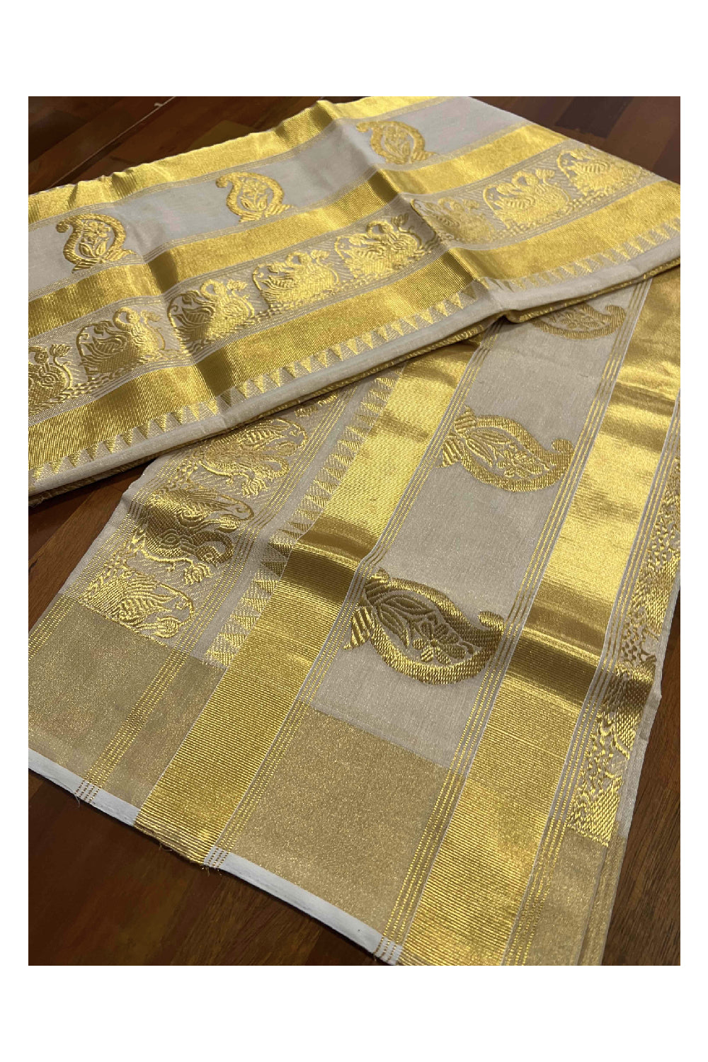 Southloom™ Original Handloom Kasavu Tissue Heavy Work Saree with Handwoven Paisley Design