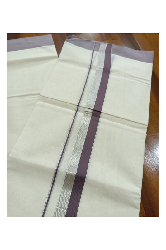 Off White Kerala Double Mundu with Silver Kasavu and Light Brown Kara (South Indian Dhoti)