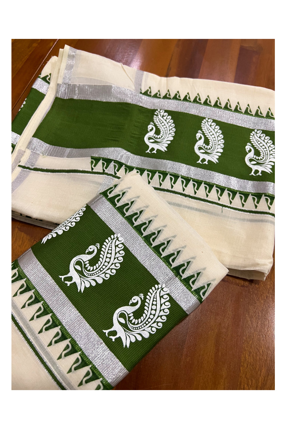 Pure Cotton Kerala Silver Kasavu Set Mundu (Mundum Neriyathum) with White Peacock Block Prints on Green Temple Border