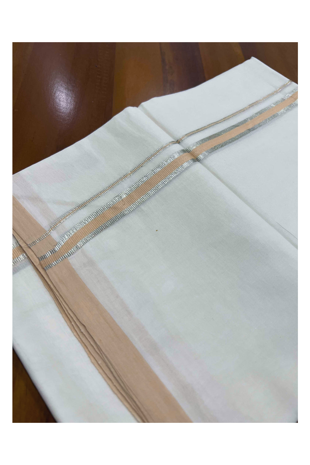 Pure White Cotton Mundu with Sandal and Silver Kara (South Indian Dhoti)
