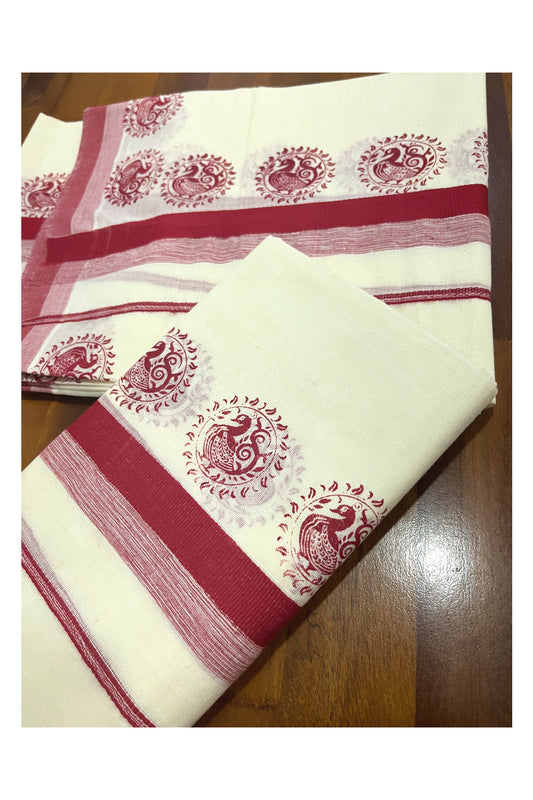 Kerala Cotton Single Set Mundu (Mundum Neriyathum) with Red Block Prints on Border