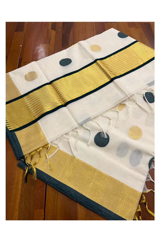 Southloom™ Premium Handloom Cotton Kerala Saree with Golden and Green Polka works on Body
