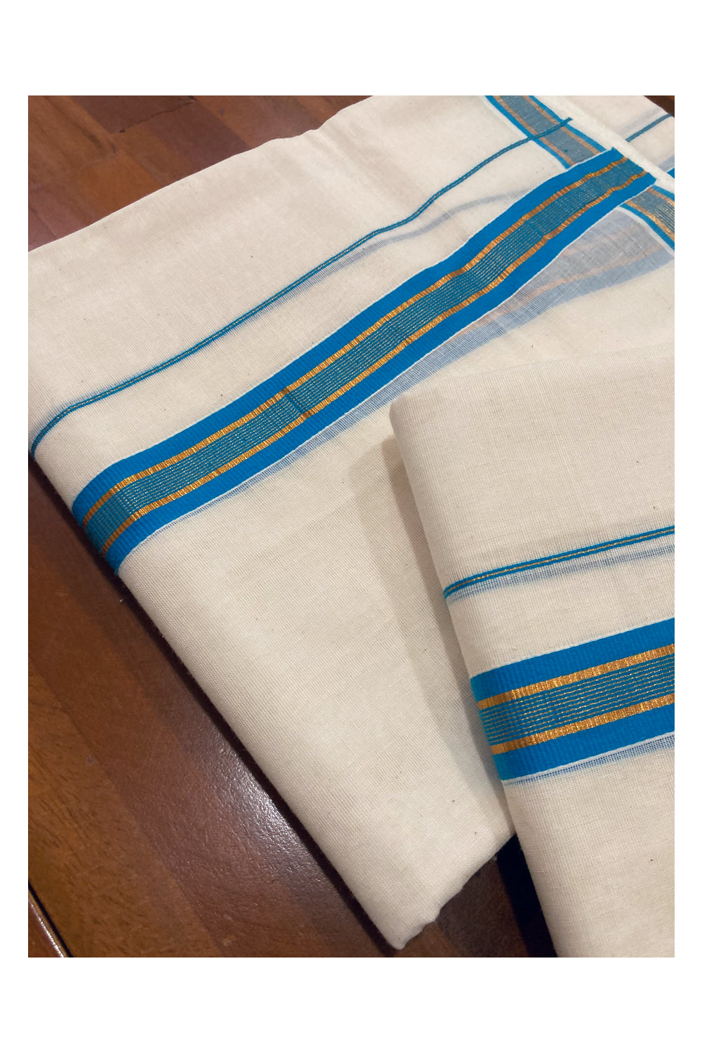 Mundum Neriyathum Double (Set Mundu) with Blue and Kasavu Border