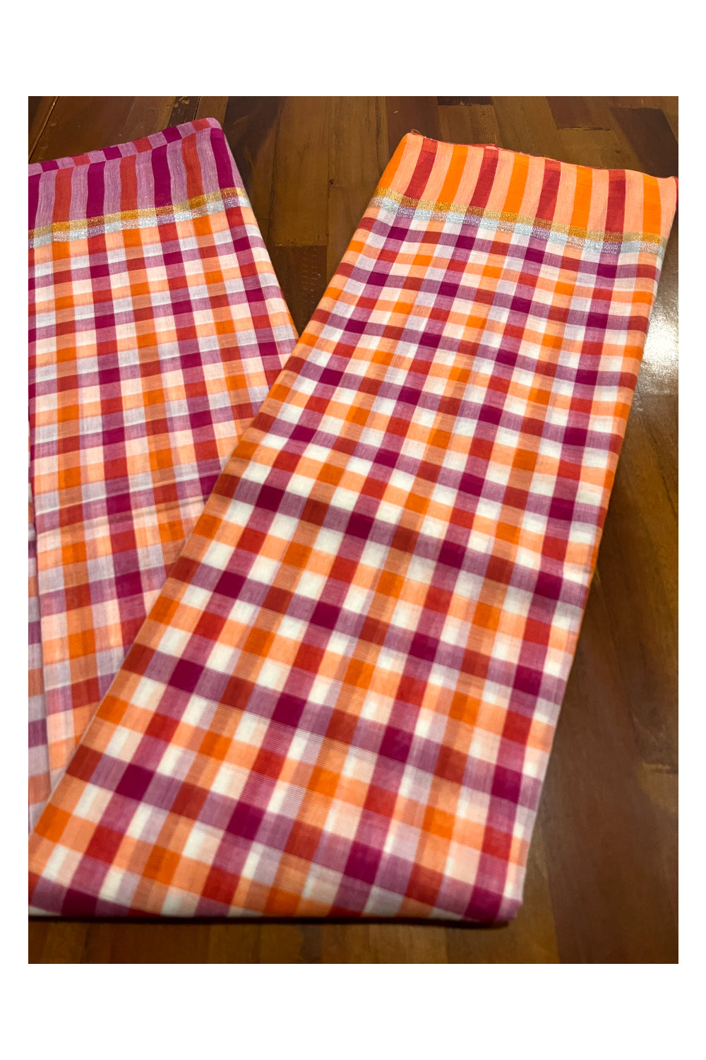 Pure Cotton Red and Orange Saree with Check Patterns