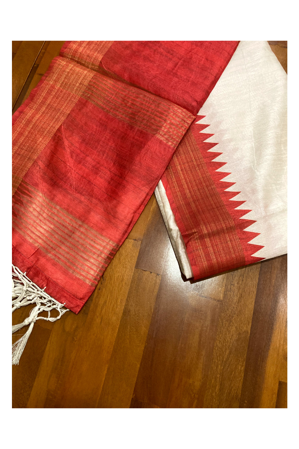 Southloom Semi Tussar White Saree with Red Temple Block Printed Border